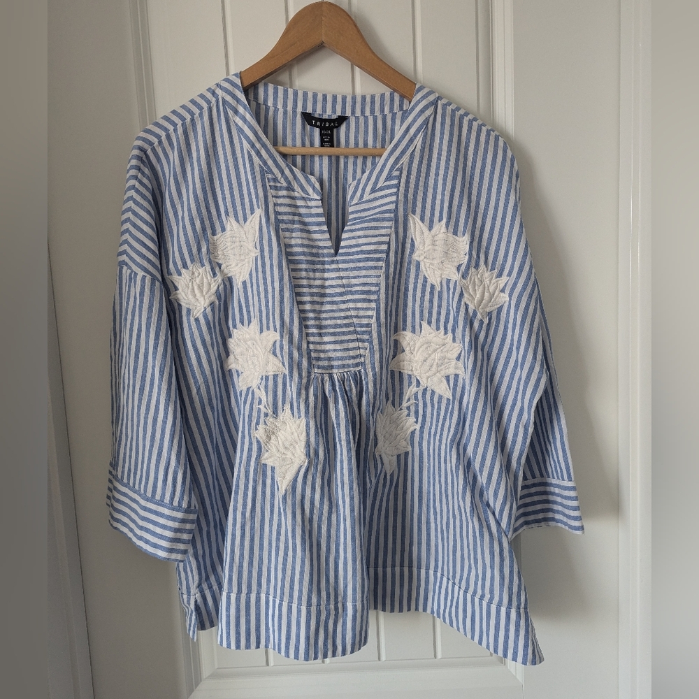 Tribal Blue and White Striped Embroidered Tunic Size XL